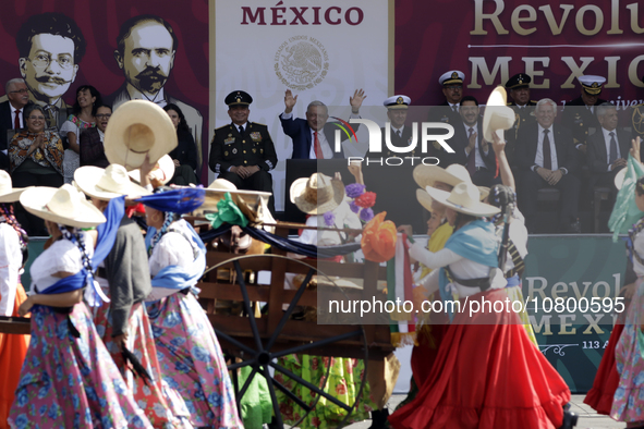 November 20, 2023, Mexico City, Mexico: The president of Mexico, Andres Manuel Lopez Obrador presides over the Civic Military Parade for the...