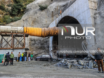 Labourers work on a Tunnel on Srinagar Jammu Highway Near Ramban in Jammu and Kashmir India on 21 November 2023. 41 workers stuck in a tunne...