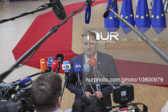 Xavier Bettel  Prime Minister of Luxembourg arrives at the European Council Summit and holds a stand up press briefing ahead of the second d...