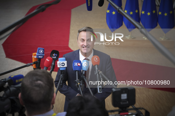 Xavier Bettel  Prime Minister of Luxembourg arrives at the European Council Summit and holds a stand up press briefing ahead of the second d...