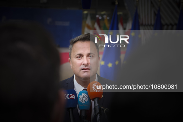 Xavier Bettel  Prime Minister of Luxembourg arrives at the European Council Summit and holds a stand up press briefing ahead of the second d...