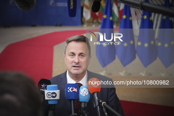 Xavier Bettel  Prime Minister of Luxembourg arrives at the European Council Summit and holds a stand up press briefing ahead of the second d...