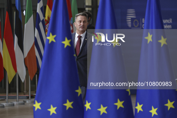 Xavier Bettel  Prime Minister of Luxembourg arrives at the European Council Summit and holds a stand up press briefing ahead of the second d...