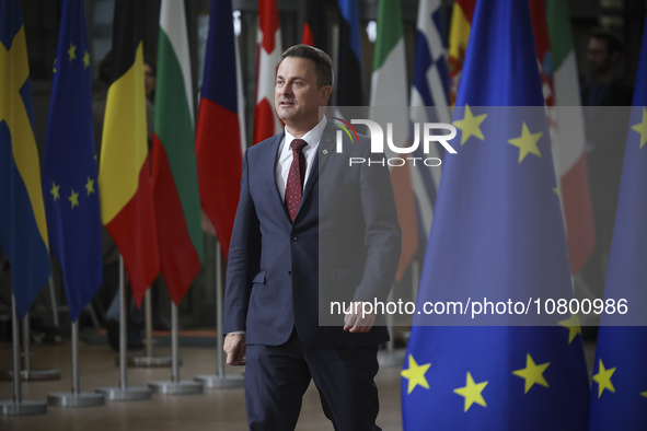 Xavier Bettel  Prime Minister of Luxembourg arrives at the European Council Summit and holds a stand up press briefing ahead of the second d...