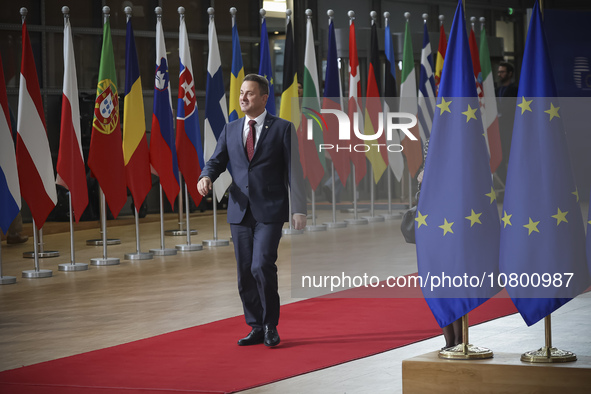 Xavier Bettel  Prime Minister of Luxembourg arrives at the European Council Summit and holds a stand up press briefing ahead of the second d...