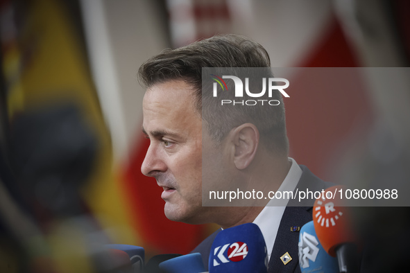 Xavier Bettel  Prime Minister of Luxembourg arrives at the European Council Summit and holds a stand up press briefing ahead of the second d...