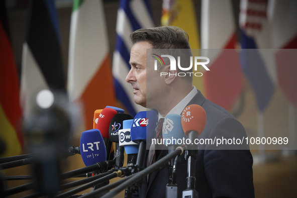 Xavier Bettel  Prime Minister of Luxembourg arrives at the European Council Summit and holds a stand up press briefing ahead of the second d...