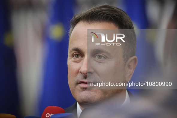 Xavier Bettel  Prime Minister of Luxembourg arrives at the European Council Summit and holds a stand up press briefing ahead of the second d...