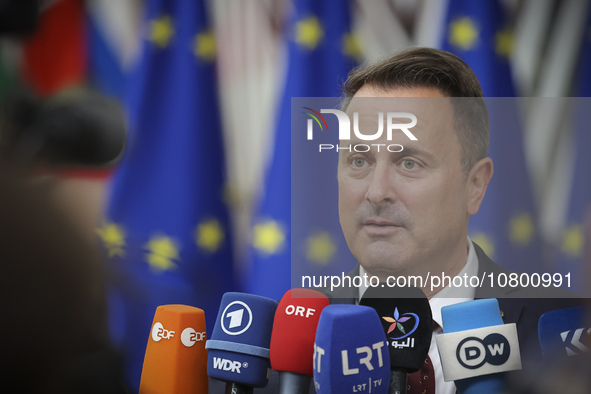 Xavier Bettel  Prime Minister of Luxembourg arrives at the European Council Summit and holds a stand up press briefing ahead of the second d...