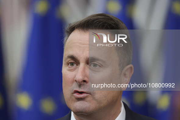 Xavier Bettel  Prime Minister of Luxembourg arrives at the European Council Summit and holds a stand up press briefing ahead of the second d...