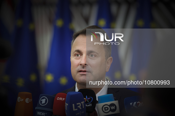 Xavier Bettel  Prime Minister of Luxembourg arrives at the European Council Summit and holds a stand up press briefing ahead of the second d...