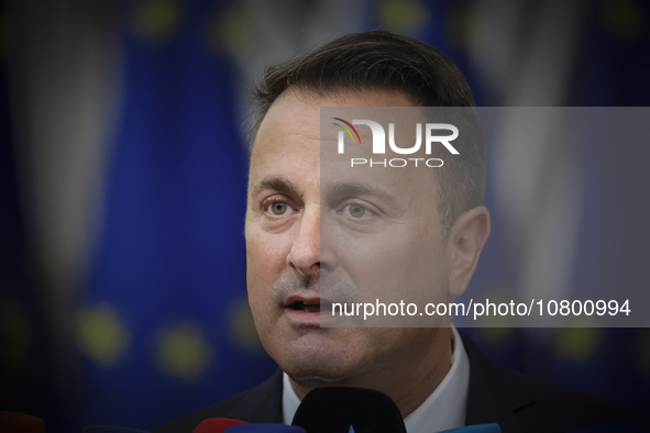 Xavier Bettel  Prime Minister of Luxembourg arrives at the European Council Summit and holds a stand up press briefing ahead of the second d...