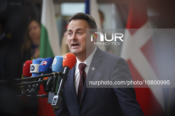 Xavier Bettel  Prime Minister of Luxembourg arrives at the European Council Summit and holds a stand up press briefing ahead of the second d...