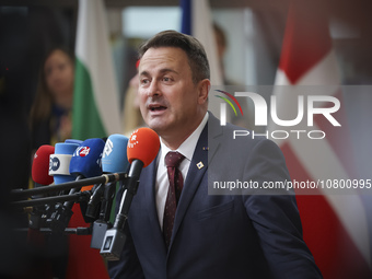 Xavier Bettel  Prime Minister of Luxembourg arrives at the European Council Summit and holds a stand up press briefing ahead of the second d...