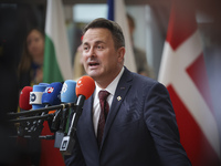 Xavier Bettel  Prime Minister of Luxembourg arrives at the European Council Summit and holds a stand up press briefing ahead of the second d...