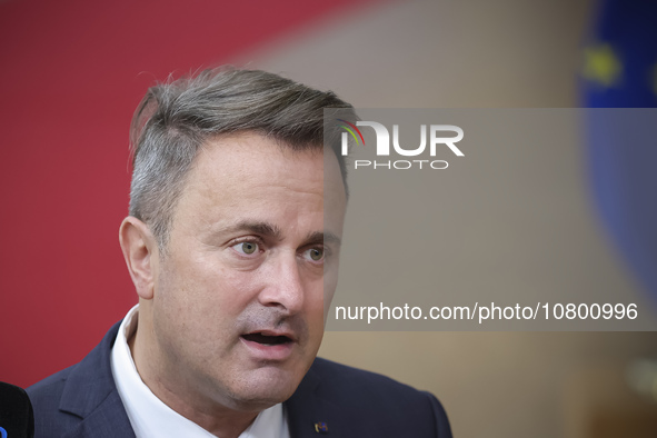 Xavier Bettel  Prime Minister of Luxembourg arrives at the European Council Summit and holds a stand up press briefing ahead of the second d...