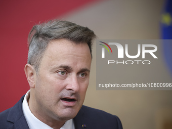 Xavier Bettel  Prime Minister of Luxembourg arrives at the European Council Summit and holds a stand up press briefing ahead of the second d...