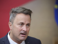 Xavier Bettel  Prime Minister of Luxembourg arrives at the European Council Summit and holds a stand up press briefing ahead of the second d...