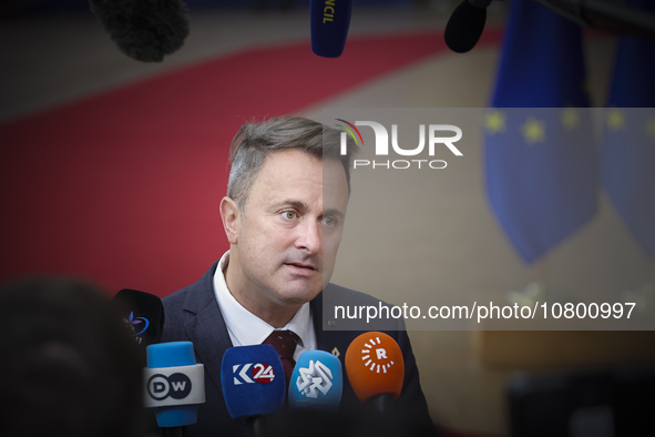 Xavier Bettel  Prime Minister of Luxembourg arrives at the European Council Summit and holds a stand up press briefing ahead of the second d...