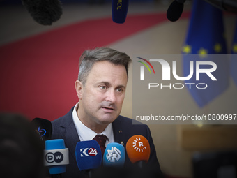 Xavier Bettel  Prime Minister of Luxembourg arrives at the European Council Summit and holds a stand up press briefing ahead of the second d...