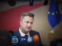 Xavier Bettel  Prime Minister of Luxembourg arrives at the European Council Summit and holds a stand up press briefing ahead of the second d...