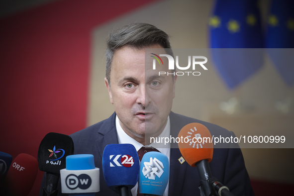 Xavier Bettel  Prime Minister of Luxembourg arrives at the European Council Summit and holds a stand up press briefing ahead of the second d...