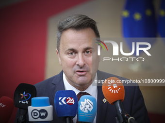 Xavier Bettel  Prime Minister of Luxembourg arrives at the European Council Summit and holds a stand up press briefing ahead of the second d...