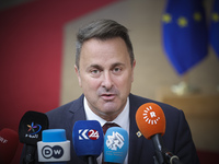 Xavier Bettel  Prime Minister of Luxembourg arrives at the European Council Summit and holds a stand up press briefing ahead of the second d...