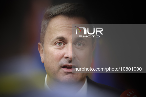 Xavier Bettel  Prime Minister of Luxembourg arrives at the European Council Summit and holds a stand up press briefing ahead of the second d...