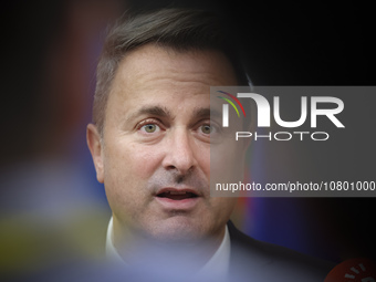 Xavier Bettel  Prime Minister of Luxembourg arrives at the European Council Summit and holds a stand up press briefing ahead of the second d...