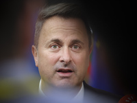 Xavier Bettel  Prime Minister of Luxembourg arrives at the European Council Summit and holds a stand up press briefing ahead of the second d...