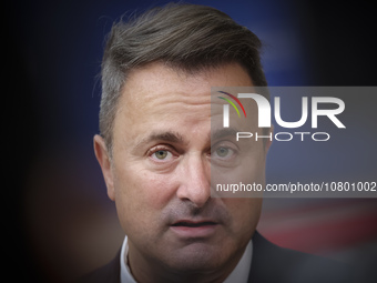 Xavier Bettel  Prime Minister of Luxembourg arrives at the European Council Summit and holds a stand up press briefing ahead of the second d...