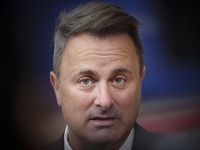 Xavier Bettel  Prime Minister of Luxembourg arrives at the European Council Summit and holds a stand up press briefing ahead of the second d...