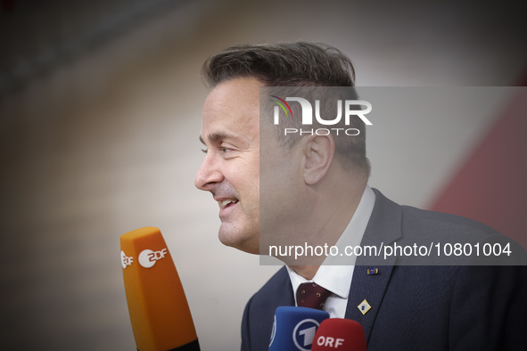 Xavier Bettel  Prime Minister of Luxembourg arrives at the European Council Summit and holds a stand up press briefing ahead of the second d...