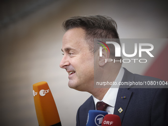 Xavier Bettel  Prime Minister of Luxembourg arrives at the European Council Summit and holds a stand up press briefing ahead of the second d...