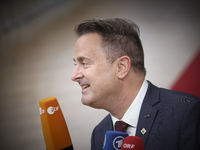 Xavier Bettel  Prime Minister of Luxembourg arrives at the European Council Summit and holds a stand up press briefing ahead of the second d...