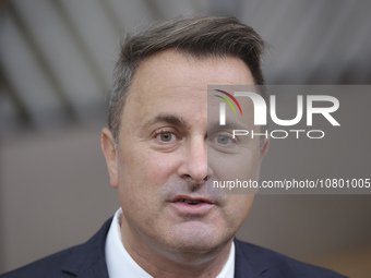 Xavier Bettel  Prime Minister of Luxembourg arrives at the European Council Summit and holds a stand up press briefing ahead of the second d...