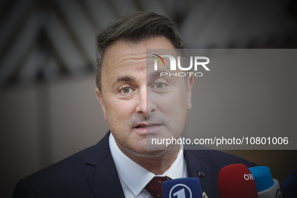 Xavier Bettel  Prime Minister of Luxembourg arrives at the European Council Summit and holds a stand up press briefing ahead of the second d...