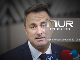 Xavier Bettel  Prime Minister of Luxembourg arrives at the European Council Summit and holds a stand up press briefing ahead of the second d...