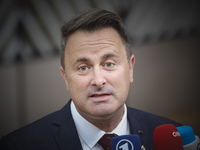 Xavier Bettel  Prime Minister of Luxembourg arrives at the European Council Summit and holds a stand up press briefing ahead of the second d...