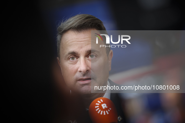 Xavier Bettel  Prime Minister of Luxembourg arrives at the European Council Summit and holds a stand up press briefing ahead of the second d...