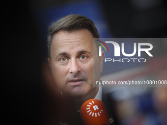 Xavier Bettel  Prime Minister of Luxembourg arrives at the European Council Summit and holds a stand up press briefing ahead of the second d...