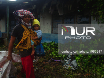 Nurhalimah Br Sembiring Milala, 33, is seen working with her two-year-old child, Gloria Br Ginting, on her plantation in Gamber Village, Sim...