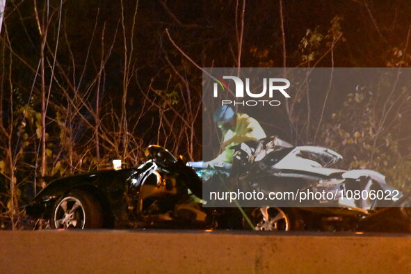 A vehicle is losing control and striking a pole on Route 208 Southbound in Fair Lawn, New Jersey, on November 23, 2023. A man in his 30s is...