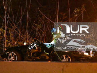 A vehicle is losing control and striking a pole on Route 208 Southbound in Fair Lawn, New Jersey, on November 23, 2023. A man in his 30s is...