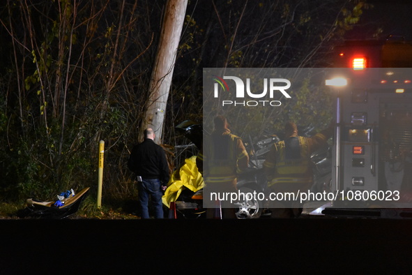 A vehicle is losing control and striking a pole on Route 208 Southbound in Fair Lawn, New Jersey, on November 23, 2023. A man in his 30s is...