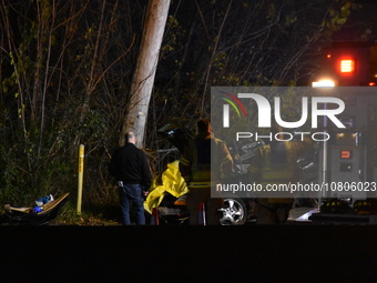 A vehicle is losing control and striking a pole on Route 208 Southbound in Fair Lawn, New Jersey, on November 23, 2023. A man in his 30s is...