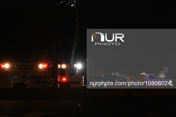 A vehicle is losing control and striking a pole on Route 208 Southbound in Fair Lawn, New Jersey, on November 23, 2023. A man in his 30s is...