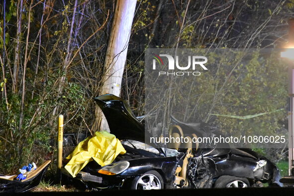 A vehicle is losing control and striking a pole on Route 208 Southbound in Fair Lawn, New Jersey, on November 23, 2023. A man in his 30s is...