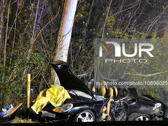 A vehicle is losing control and striking a pole on Route 208 Southbound in Fair Lawn, New Jersey, on November 23, 2023. A man in his 30s is...